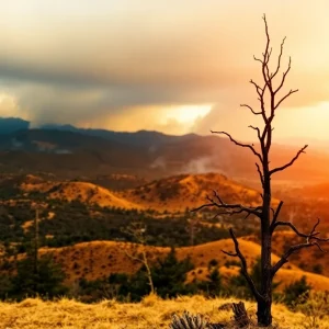 Wildfire-damaged landscape in California highlighting the destruction to property.