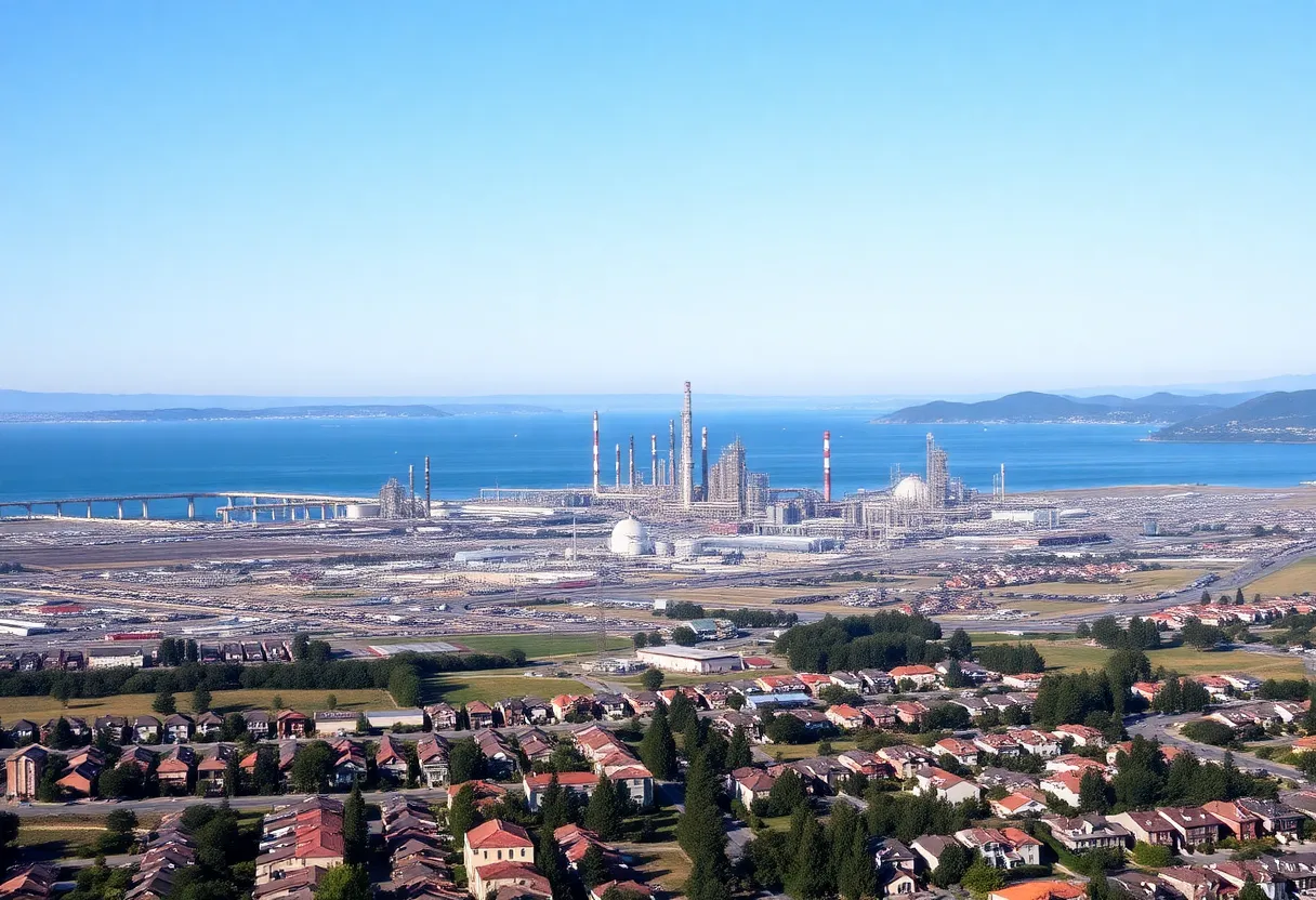 Valero refinery located in Benicia, California with the Carquinez Strait in the background.